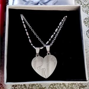 Silver Heart Split Pendant Couple Necklace - I Love You